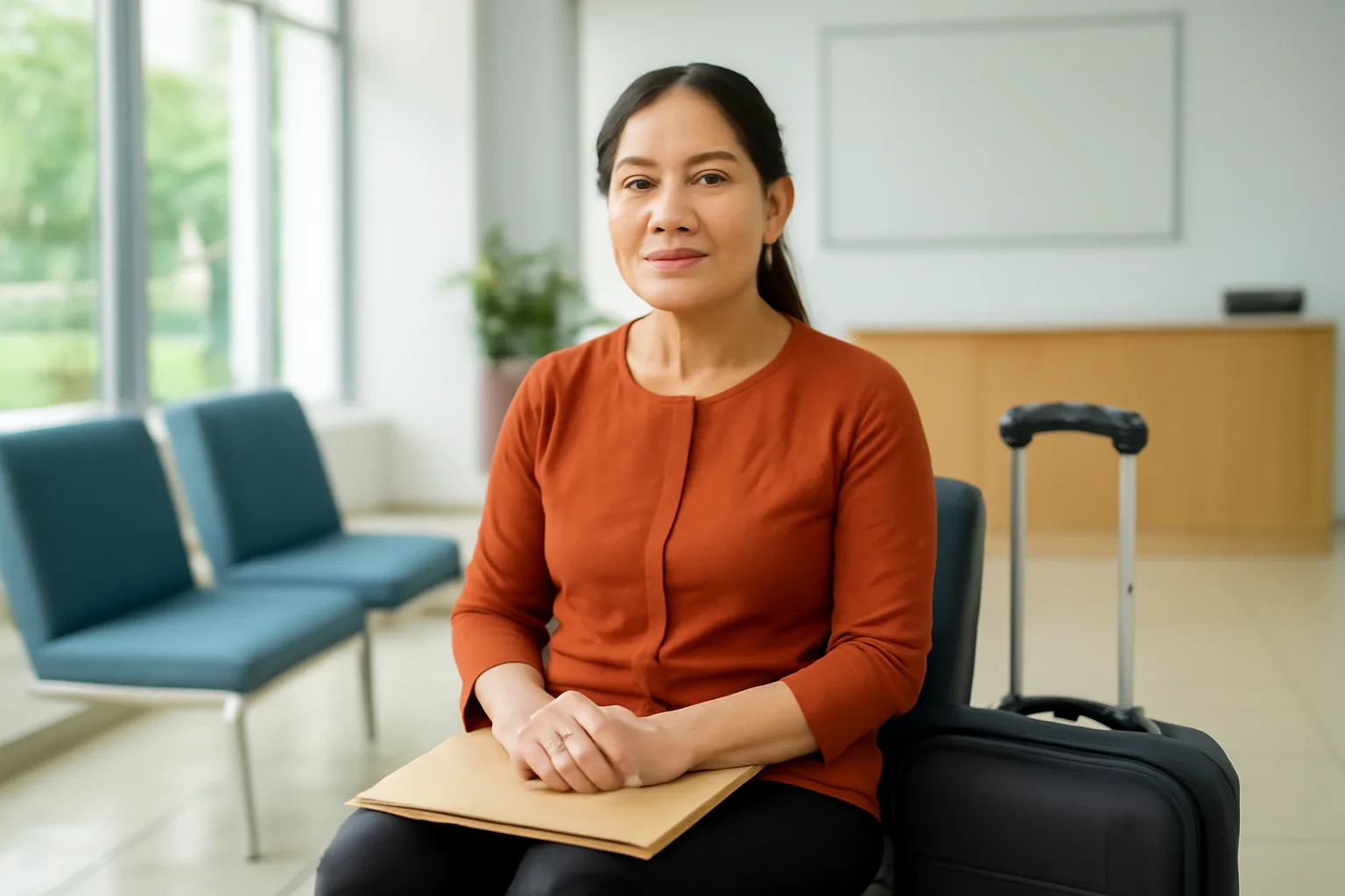 Người phụ nữ trung niên ngồi ở phòng chờ văn phòng công chứng với túi hồ sơ và vali nhỏ