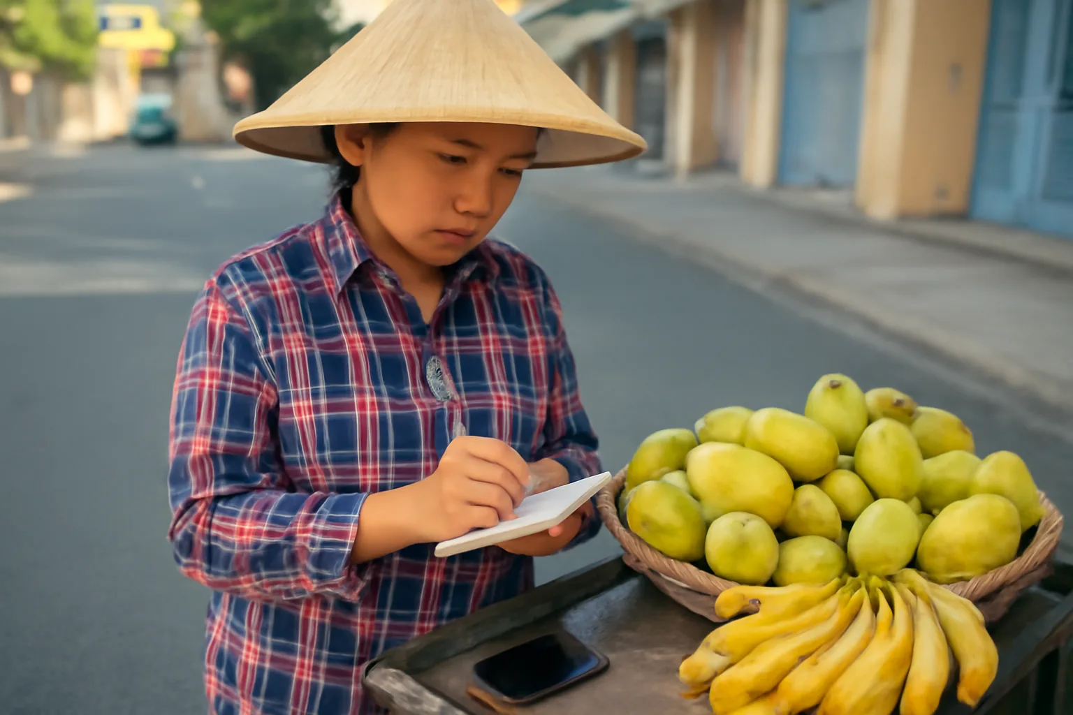 Người bán hàng rong đếm tiền và ghi sổ nhỏ bên xe đẩy hoa quả buổi sáng