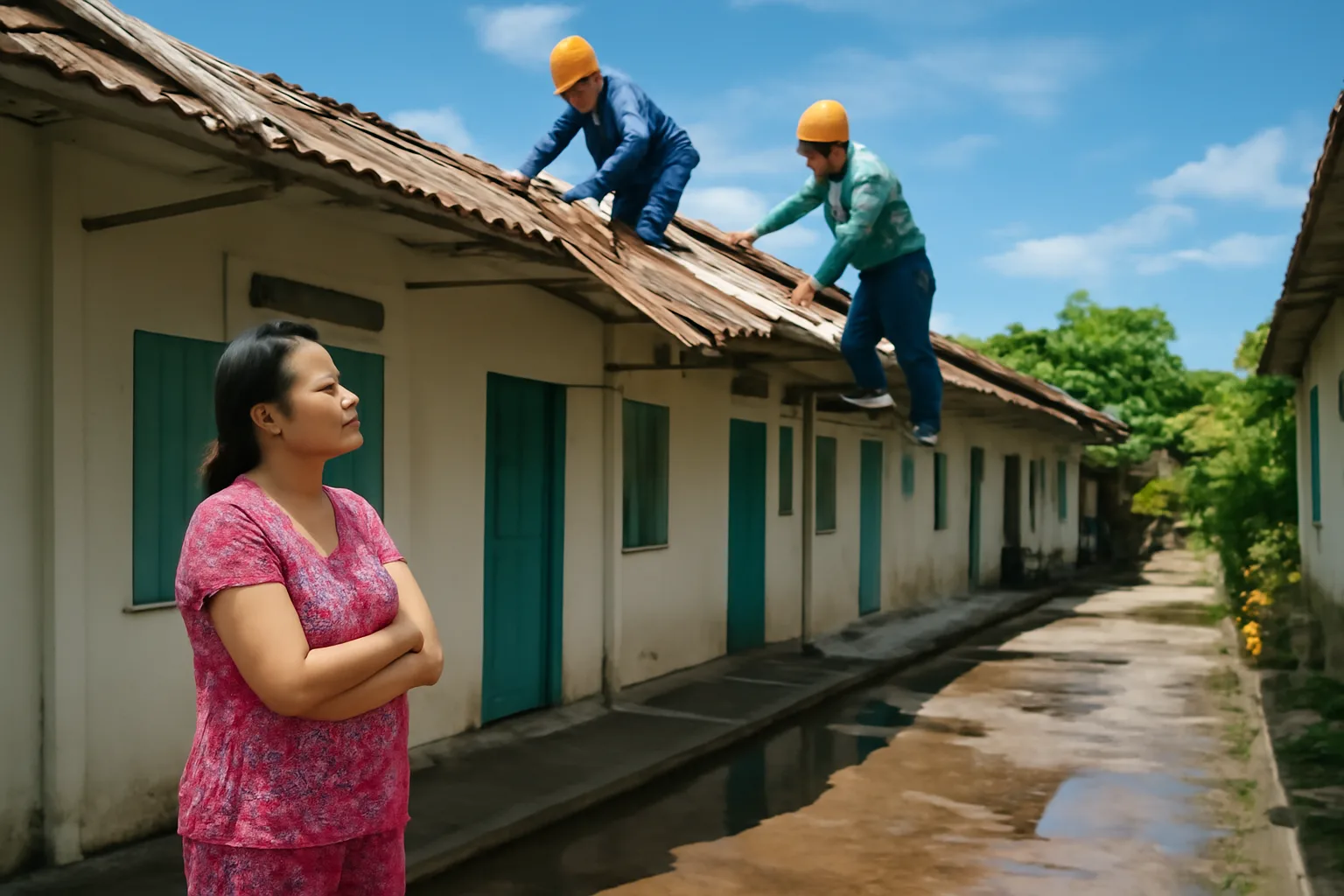 Chủ dãy nhà trọ quan sát thợ sửa mái tôn bị tốc sau bão