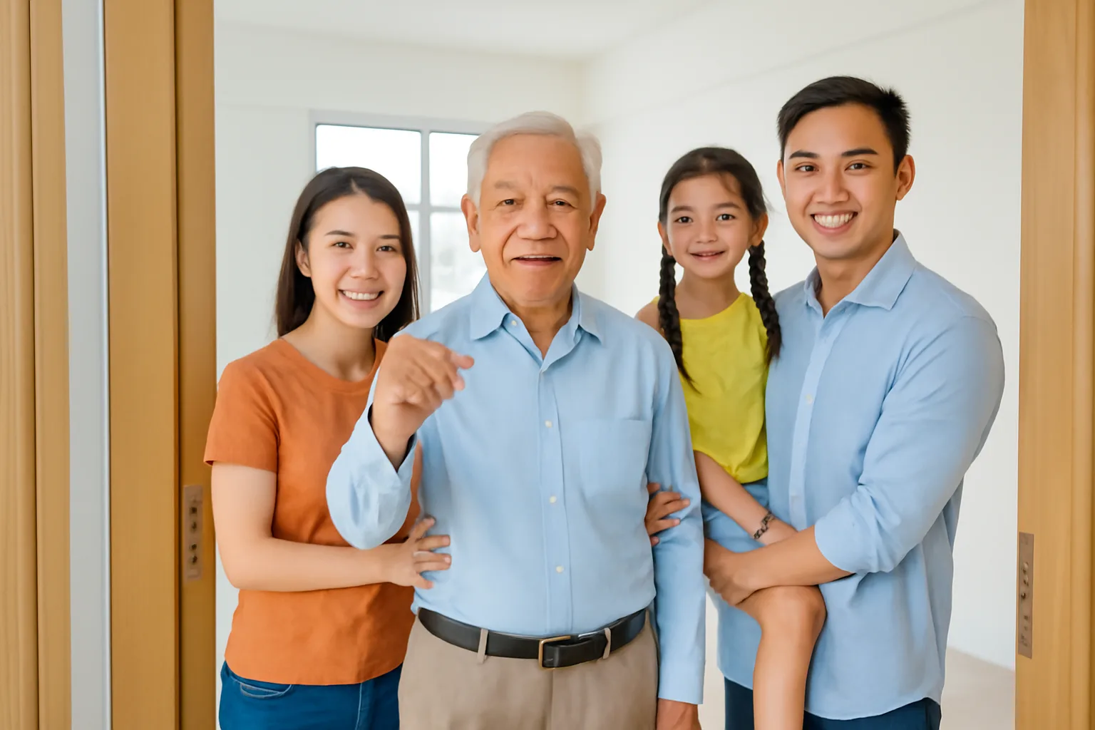 Gia đình ba thế hệ đứng trước căn hộ tái định cư mới nhận bàn giao