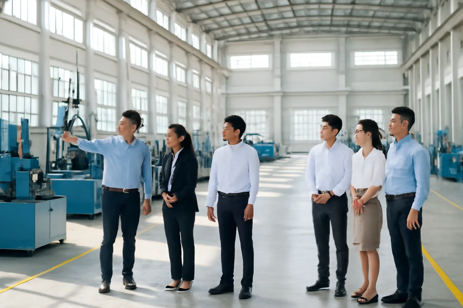 Hai nhóm đại diện doanh nghiệp khảo sát nhà xưởng trước khi ký nhận chuyển nhượng dự án