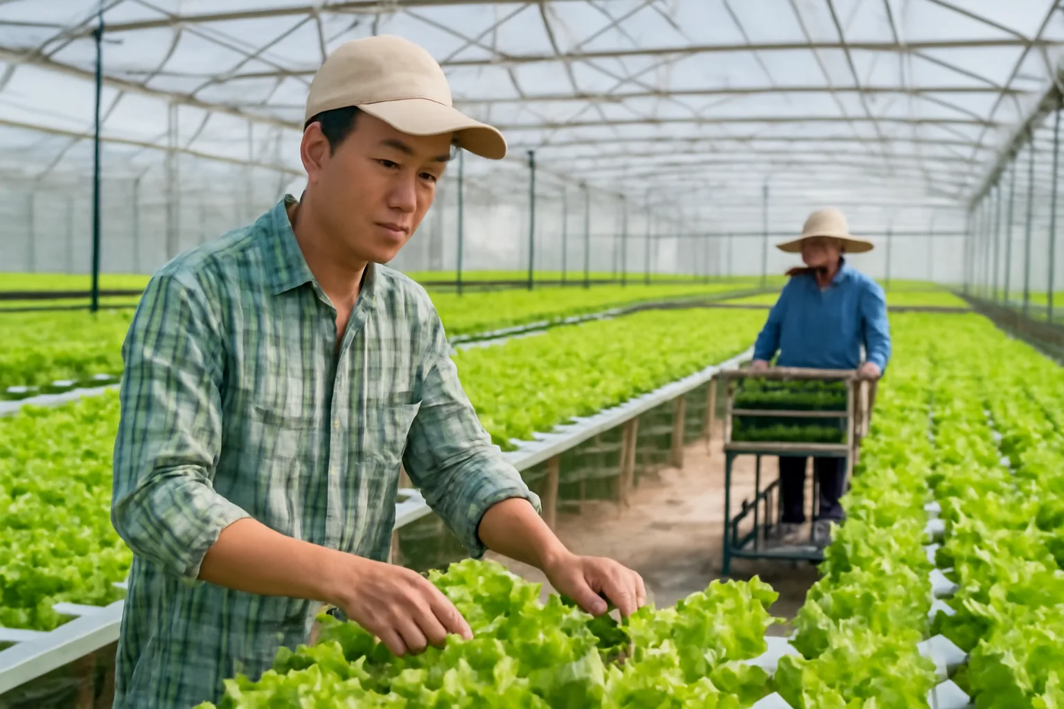 Kỹ sư nông nghiệp kiểm tra luống rau thuỷ canh trong nhà kính rộng