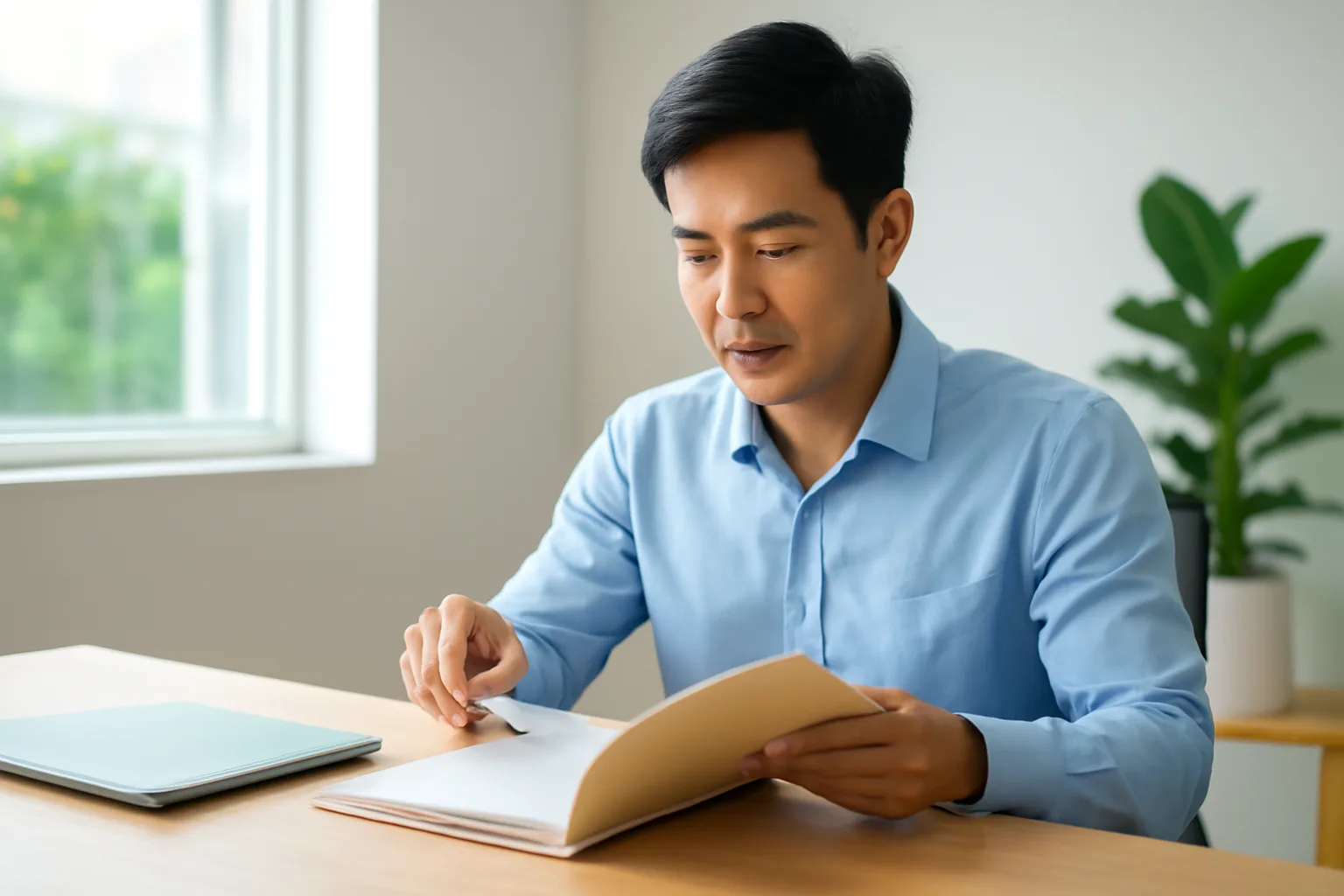 Kế toán doanh nghiệp đối chiếu lịch hạn nộp và tập hồ sơ gia hạn trên bàn làm việc