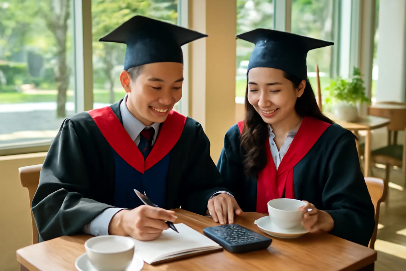 Hai bạn trẻ vừa tốt nghiệp bàn kế hoạch mở công ty tại quán cà phê gần trường