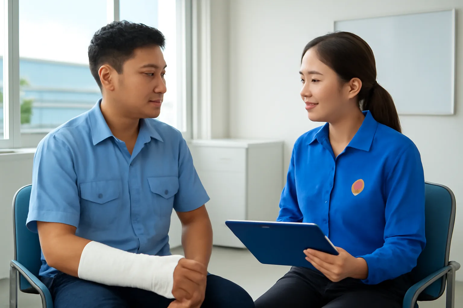 Công nhân bó bột tay trao đổi với cán bộ công đoàn tại phòng y tế nhà máy