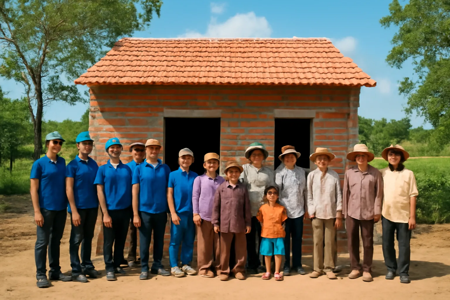 Nhân viên doanh nghiệp cùng người dân bàn giao căn nhà mới xây ở vùng quê