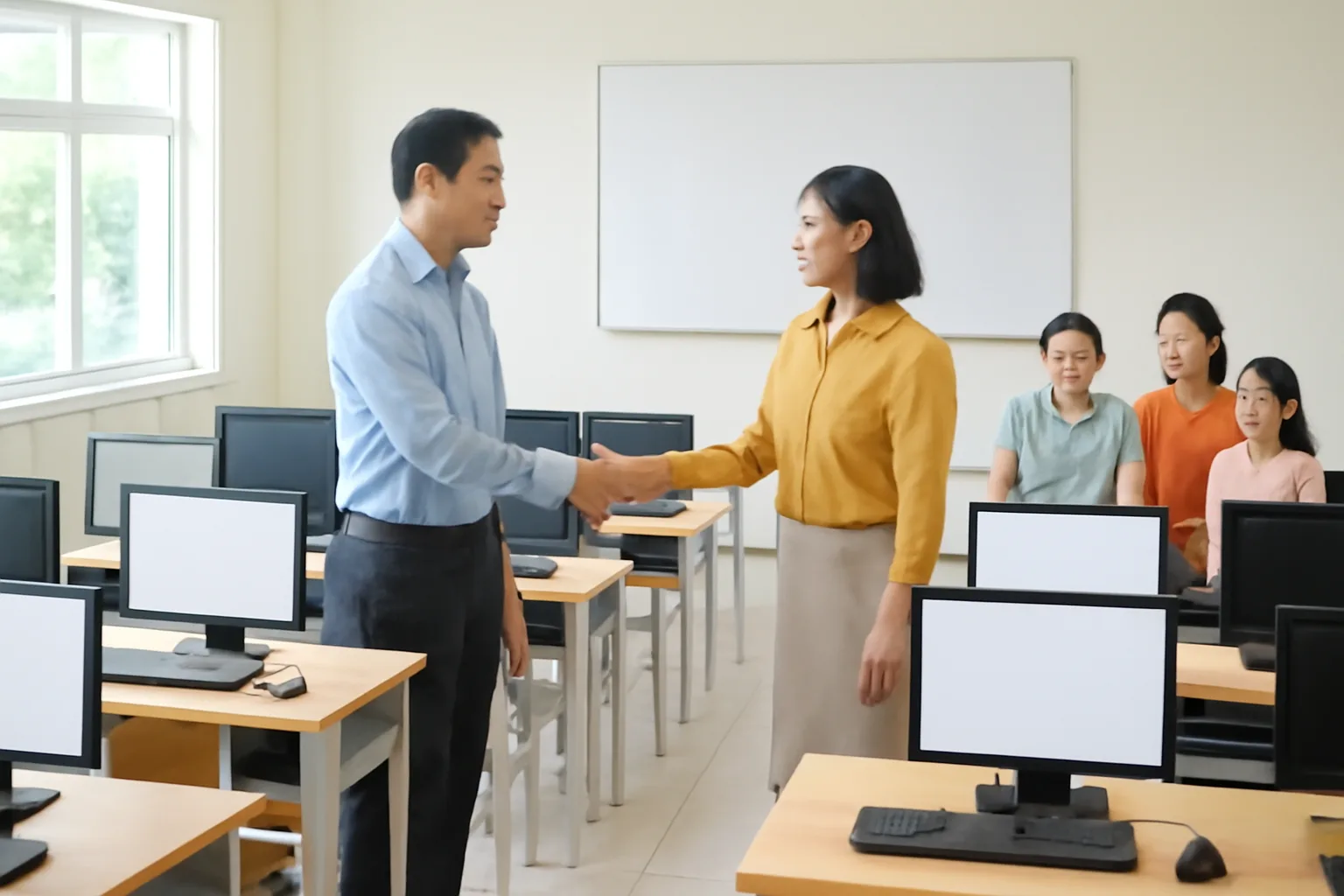 Đại diện doanh nghiệp và cô hiệu trưởng bàn giao máy tính cho phòng tin học của trường