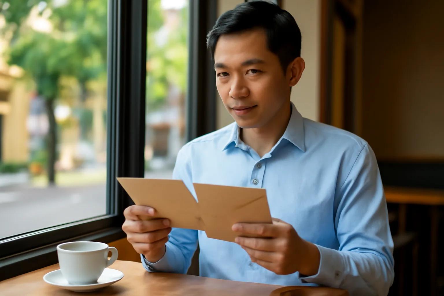 Nhân viên văn phòng đọc phiếu lương trên điện thoại bên cốc cà phê buổi sáng