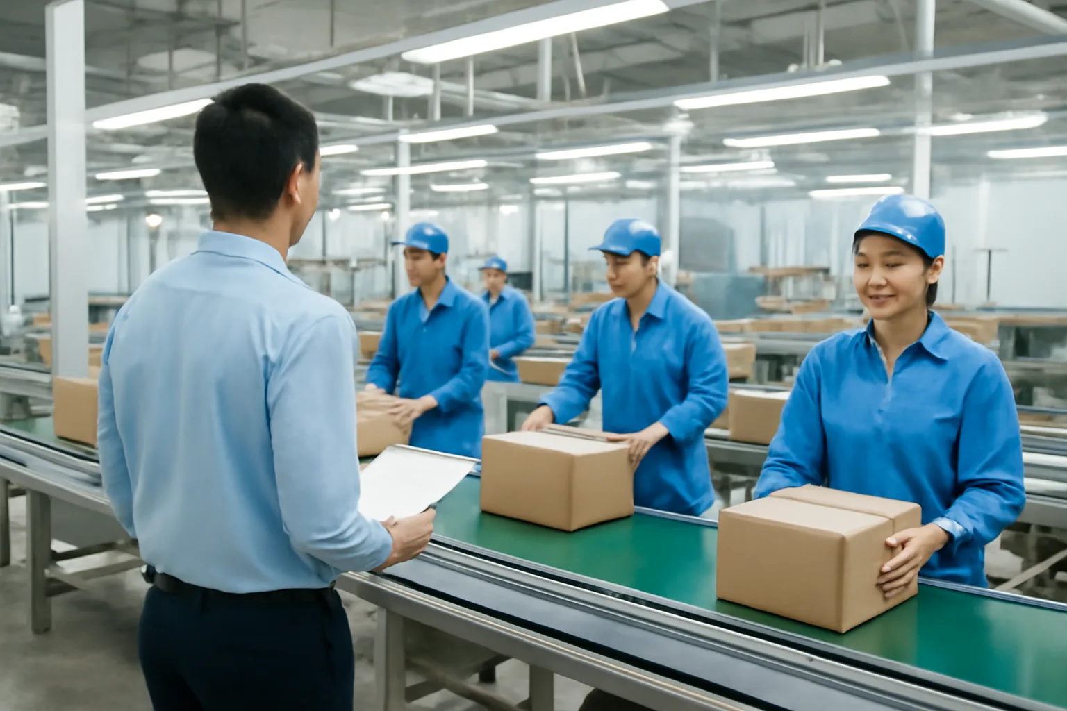 Công nhân ca đêm rời dây chuyền đóng gói trong nhà máy sáng đèn