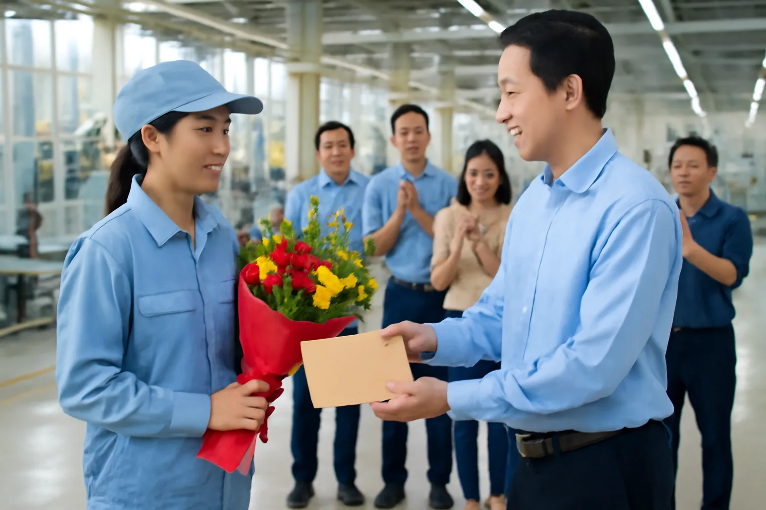 Kỹ thuật viên nhà máy nhận hoa và phong bì khen thưởng trước đồng nghiệp