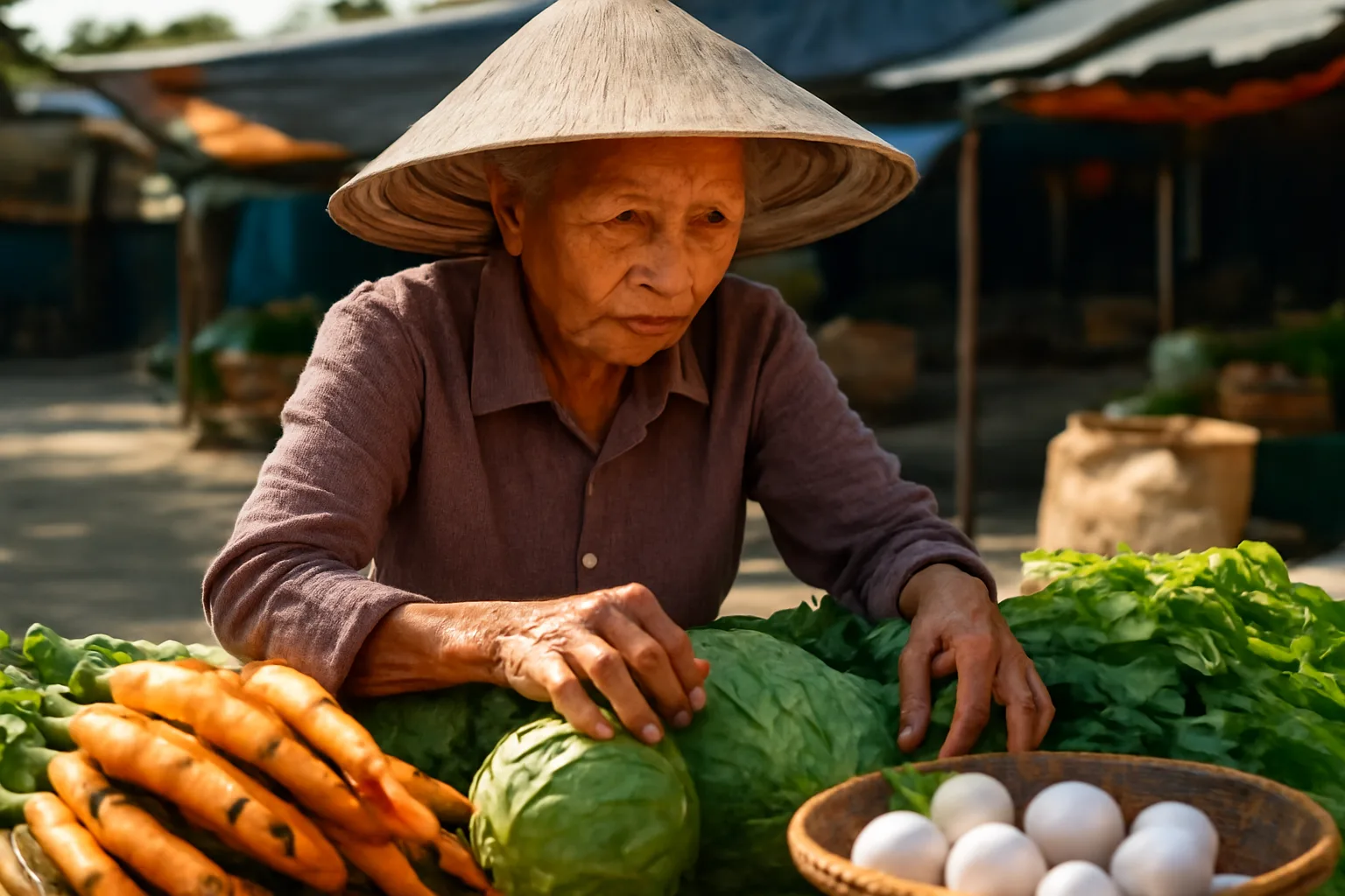 Bà nông dân bày rổ rau vừa hái trên sạp chợ quê buổi sáng
