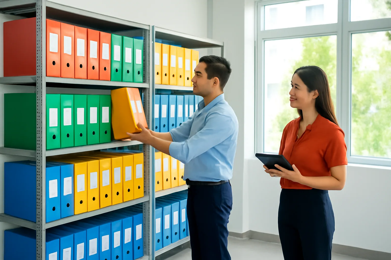 Nhân viên hành chính xếp các hộp hồ sơ có nhãn màu lên kệ lưu trữ văn phòng