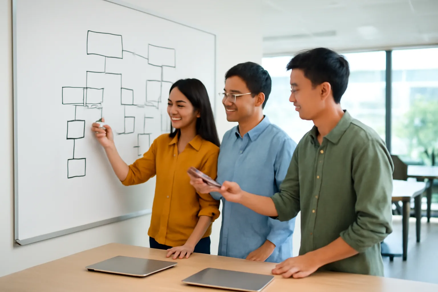 Nhóm lập trình viên trao đổi thiết kế sản phẩm quanh bảng trắng trong văn phòng sáng